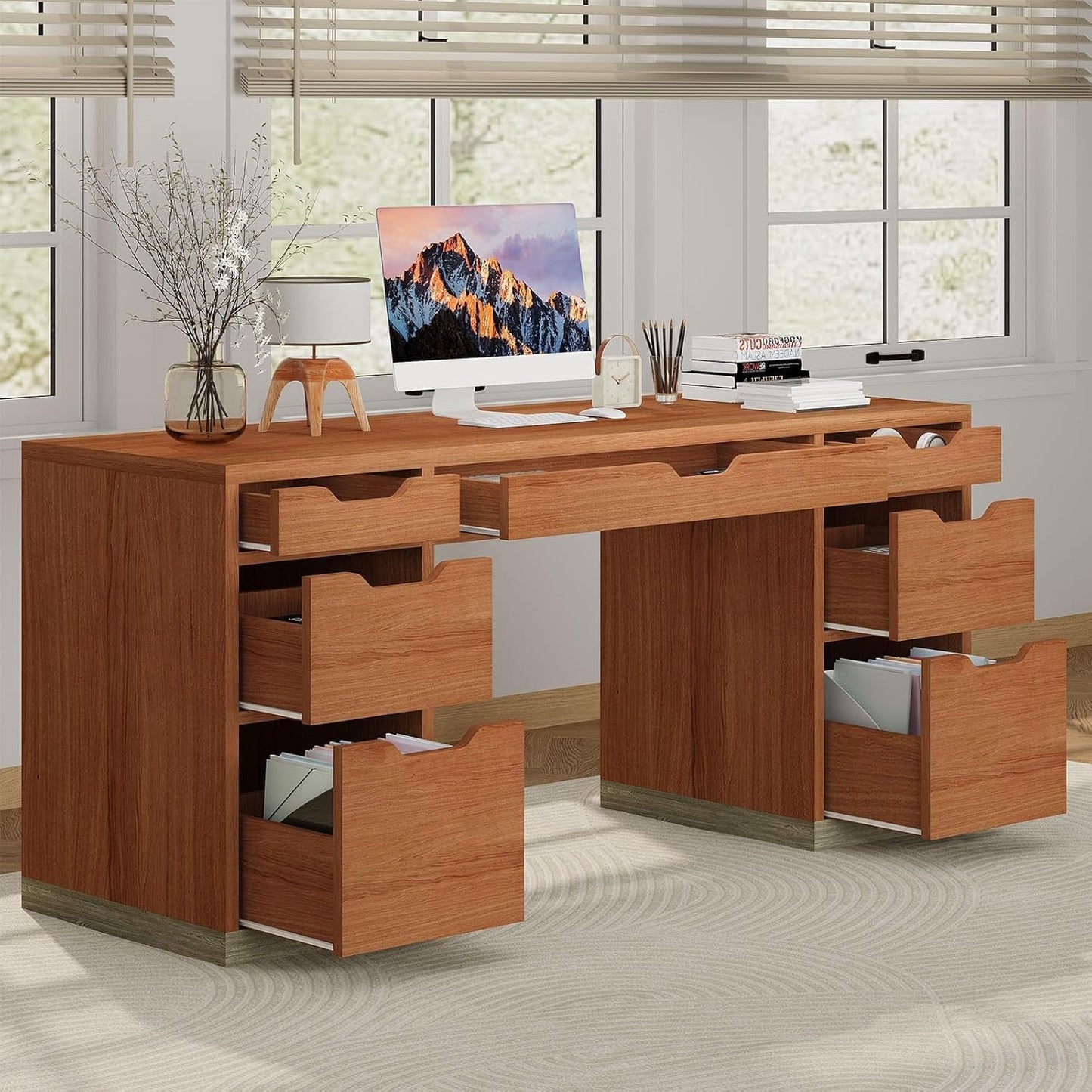 54 Inch Walnut Finish Executive Desk With Seven Drawers