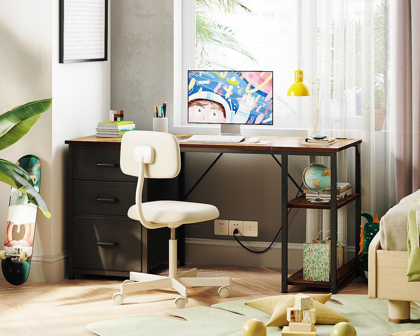 51 Inch Computer Desk With USB Outlets And Fabric Drawers