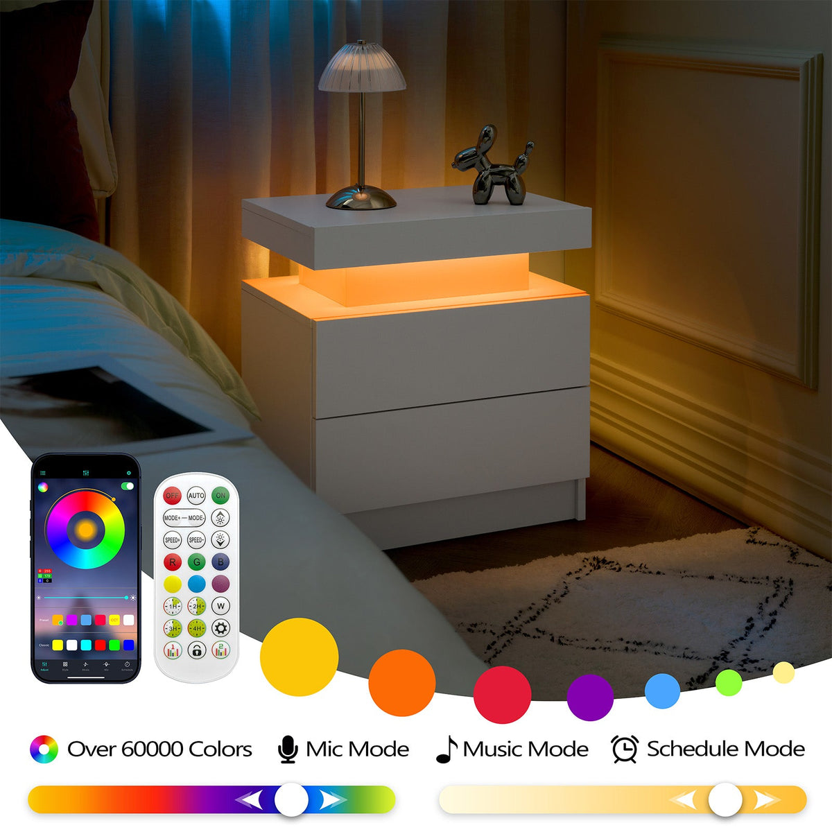 LED Nightstand with 2 Drawers for Bedroom