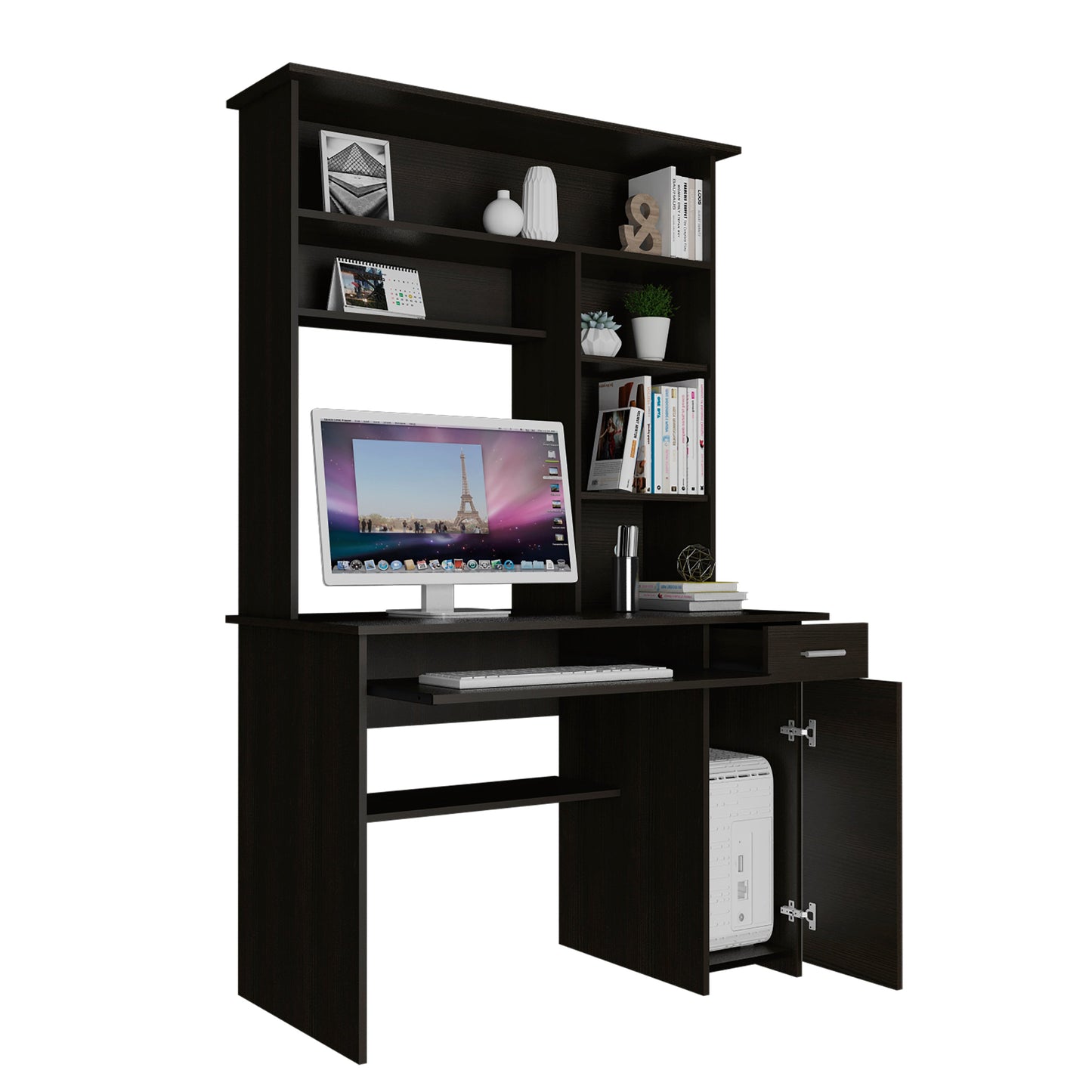 Compu Hutch Desk, Keyboard Tray, Door Panel For CPU, Multiple Shelves, One Drawer, Black