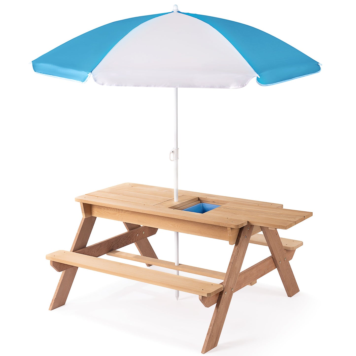 D-road 3-in-1 Kids Outdoor Wooden Picnic Table with Adjustable Umbrella and Convertible Sand & Water Activity, Gray, Solid Cedar Wood