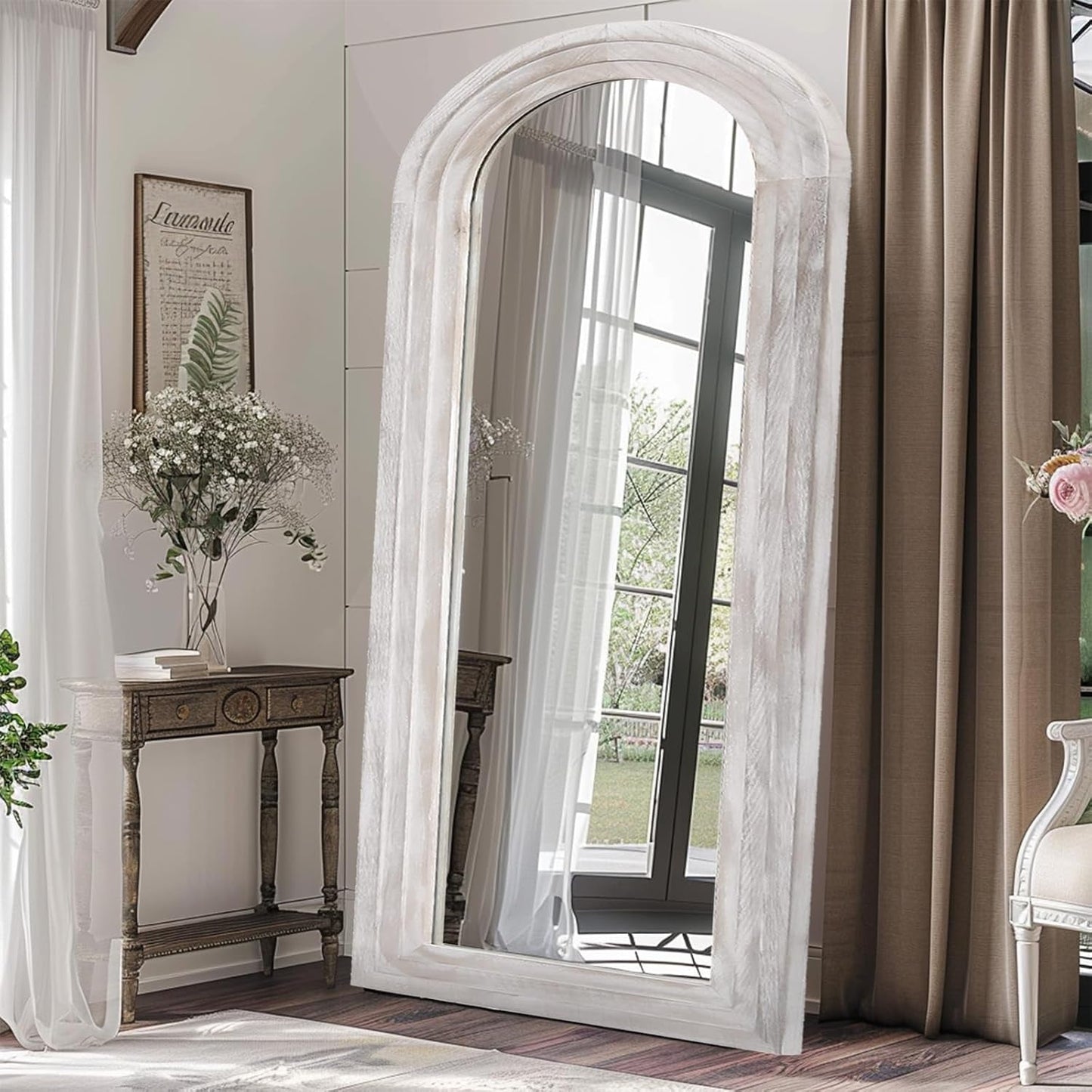 Arched Full Length Mirror With Solid Wood Frame 71x32 Rustic White