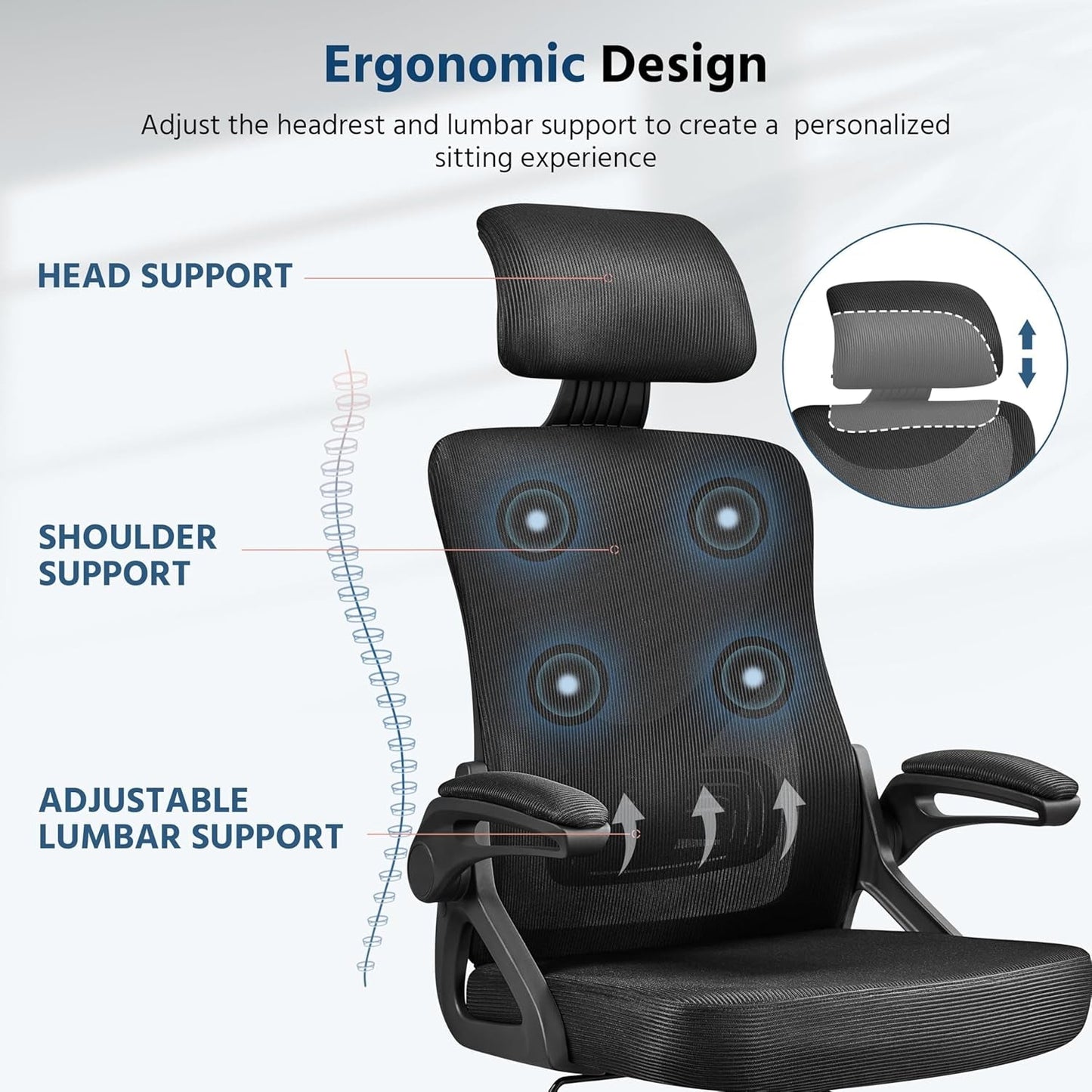 Black Ergonomic Office Chair With Adjustable Headrest And Flip Up Armrests