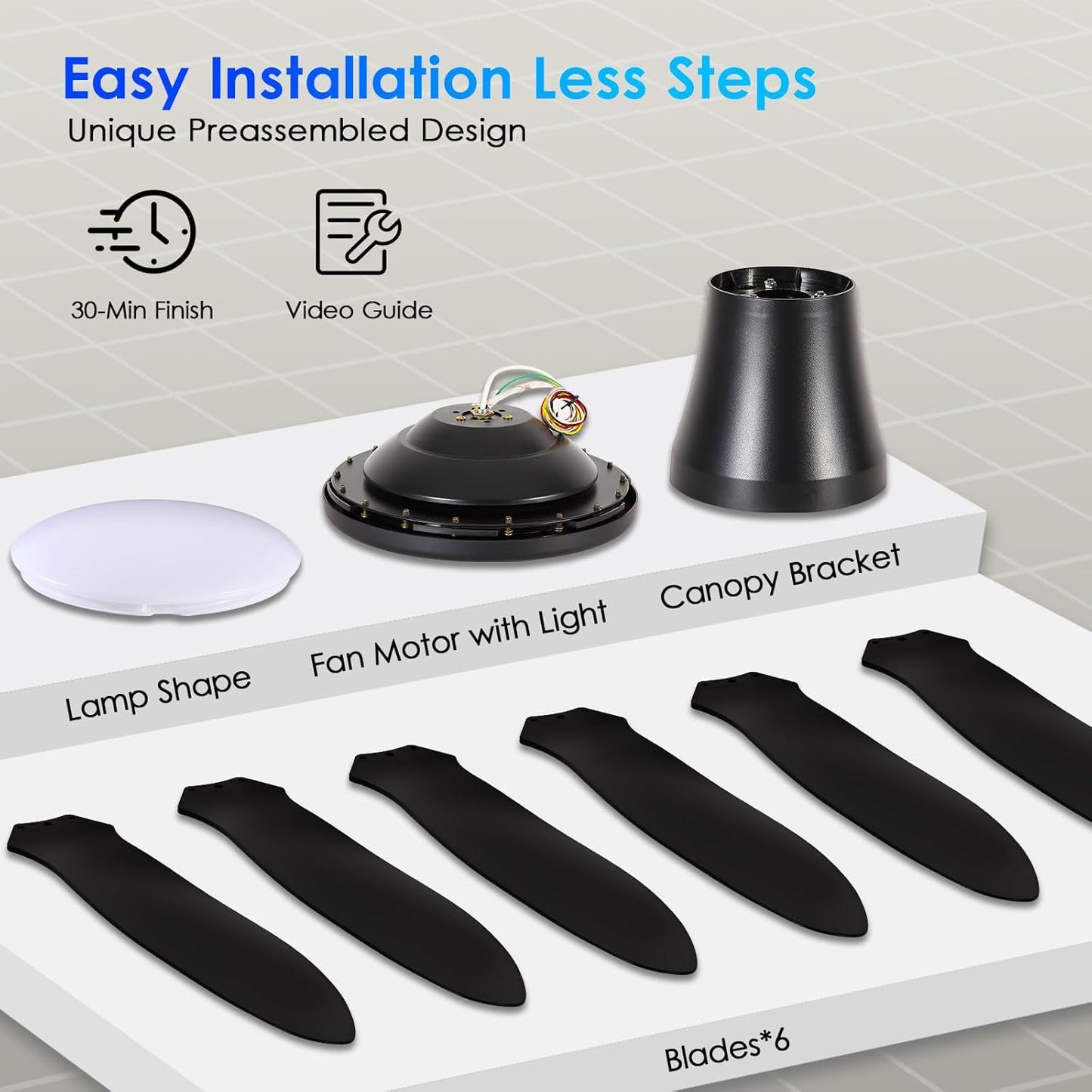 51 Inch Black Ceiling Fan With Light And Remote Control