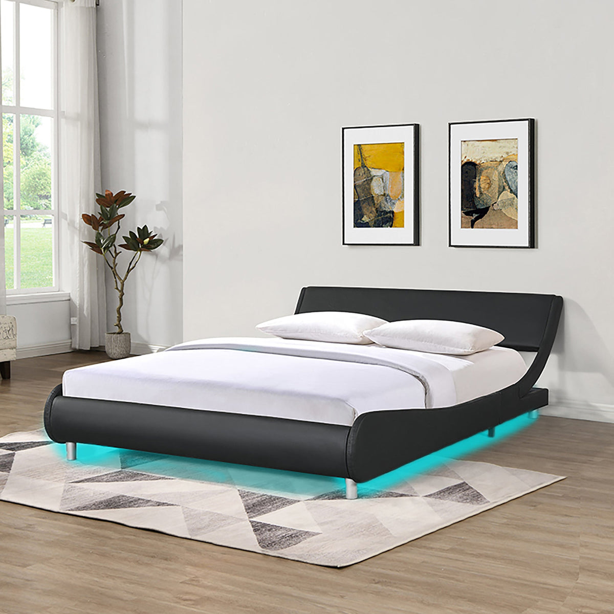 Faux Leather Upholstered Platform Bed Frame with LED Lighting