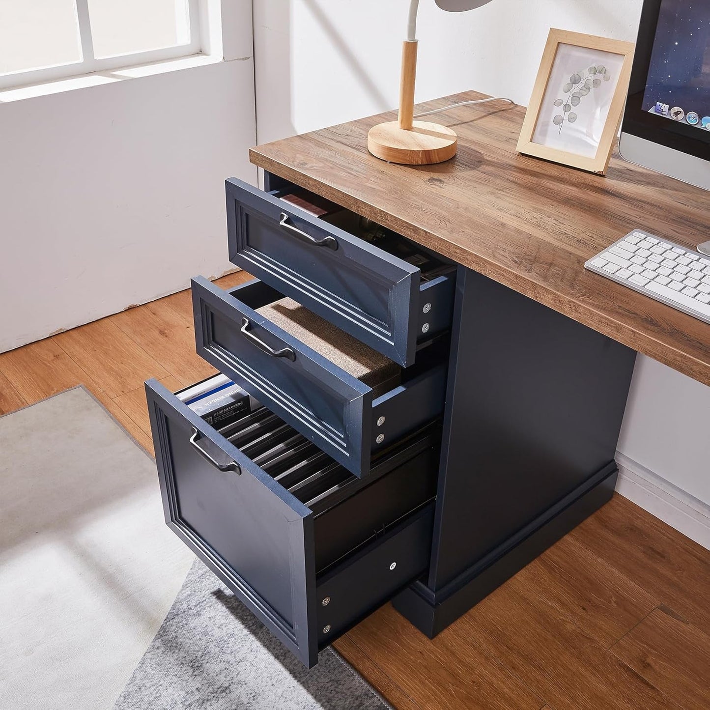 Blue Farmhouse Executive Desk With Charging Station