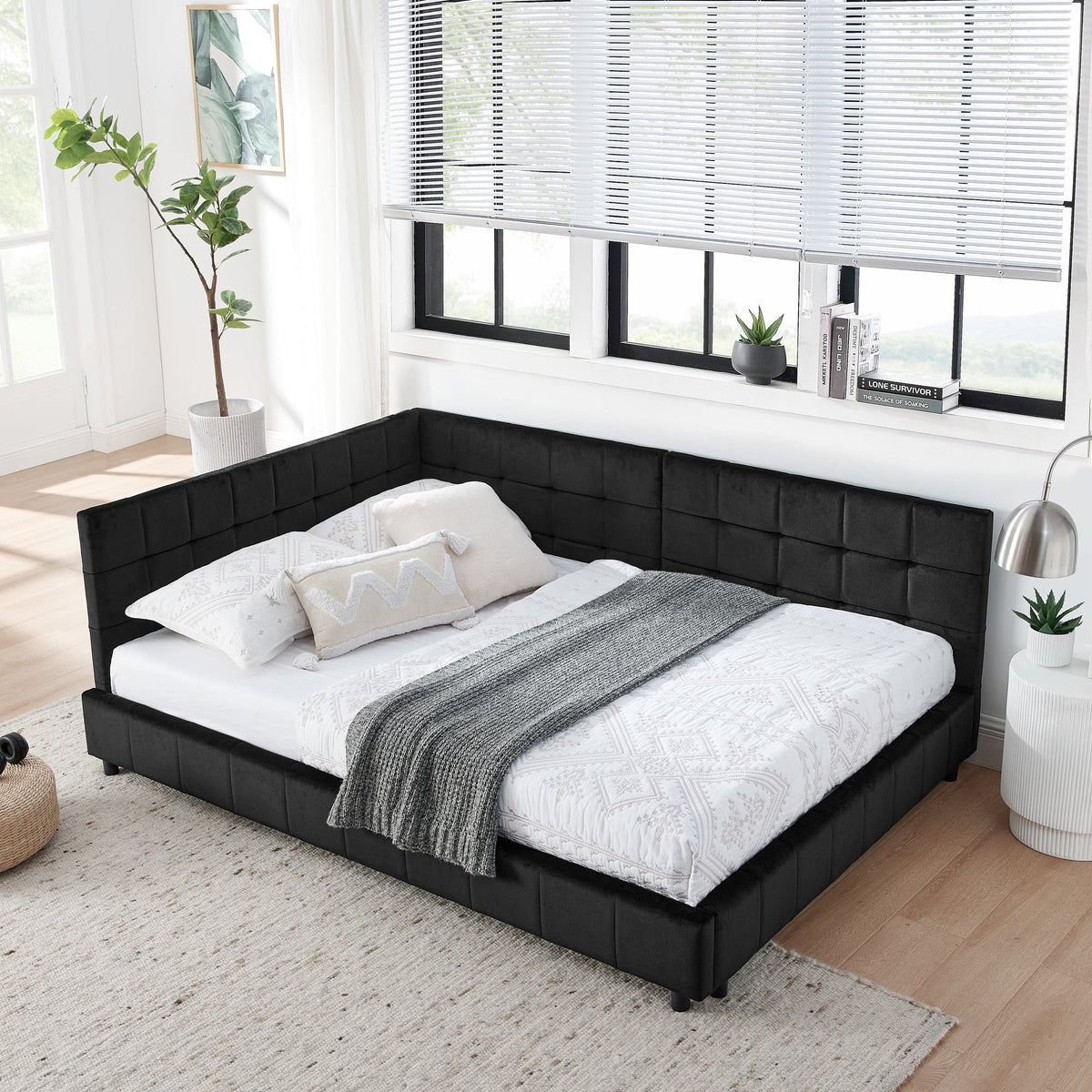 Full Size Upholstered Tufted Bed Frame - Black Velvet