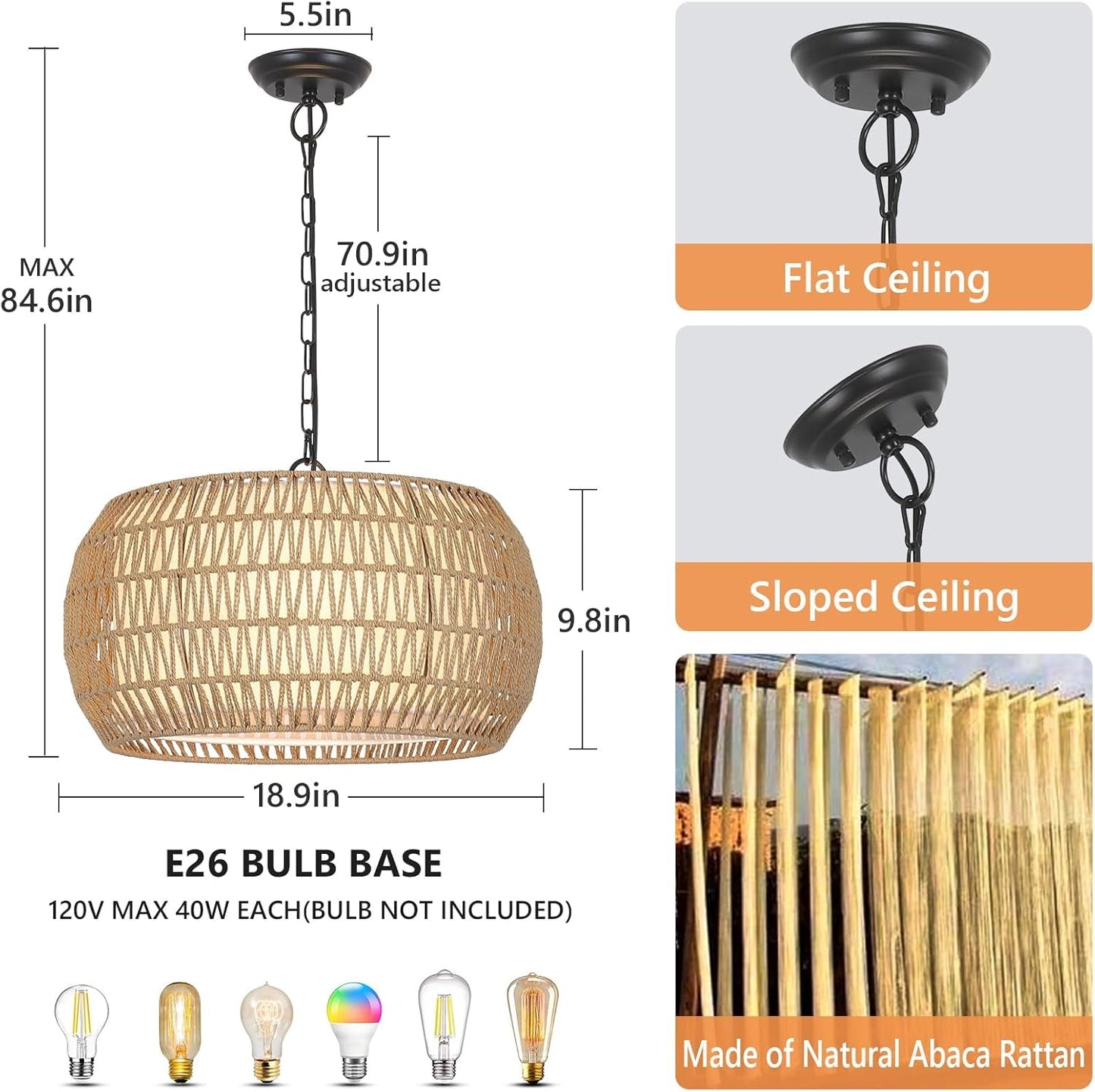 Rattan Farmhouse 5 Light Chandelier With Fabric Shade dimensions and features illustration for dining spaces.