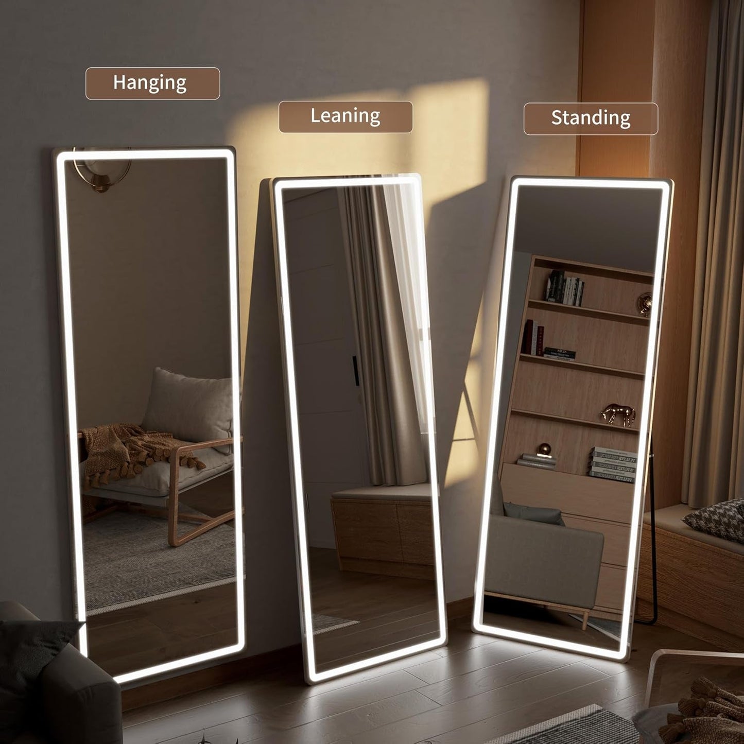 64 Inch Full Length Mirror With LED Lights Aluminum Frame 3 Color Temperatures