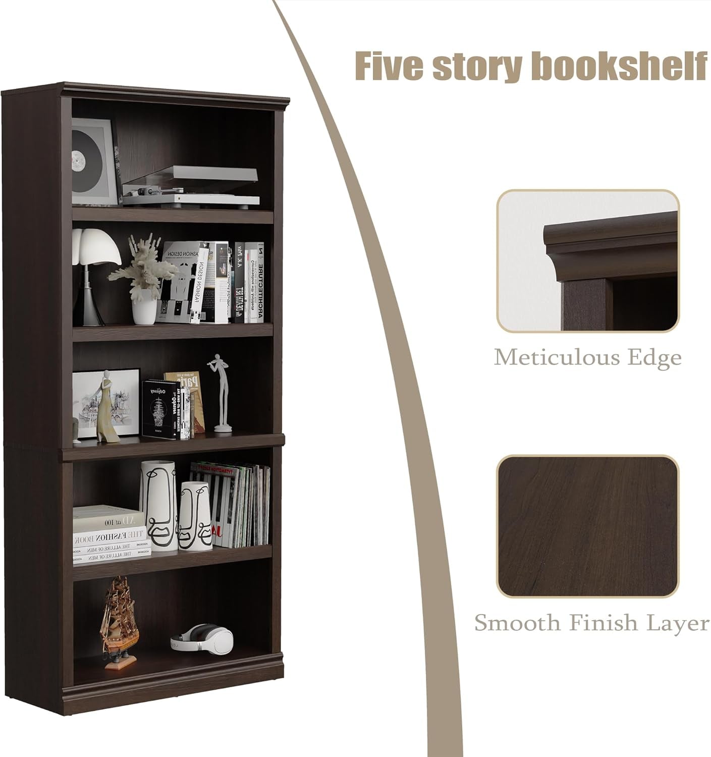 Bevfint 70 Inch Dark Cherry 5 Tier Floor Standing Bookcase