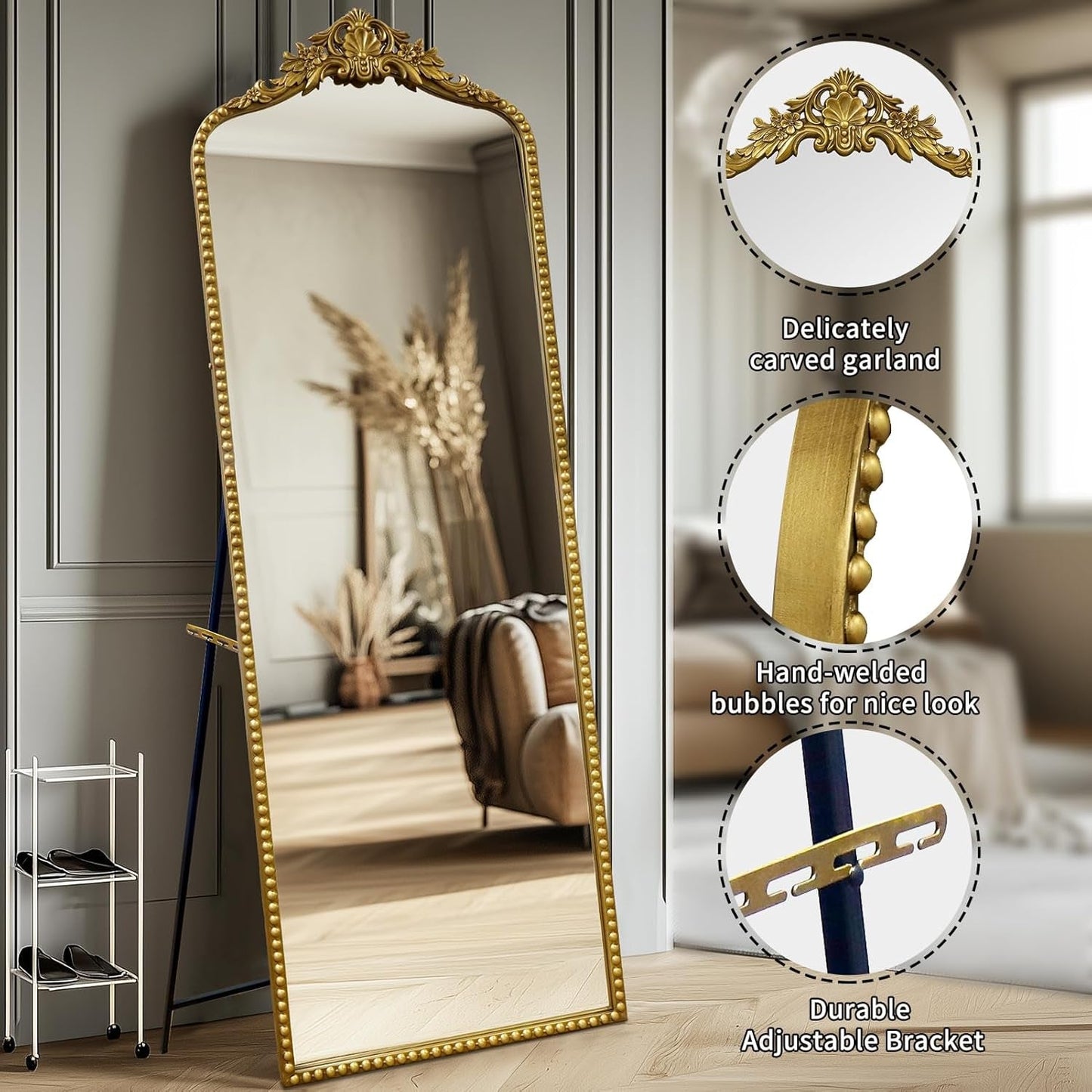 65 Inch Gold Baroque Full Length Floor Mirror Ornate Antique