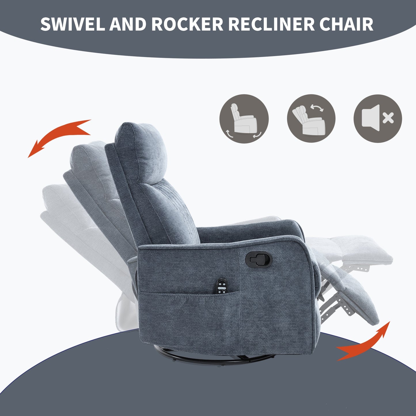 Blue Heat Massage Manual Recliner Chair with Rocker and Swivel in Fabric for Living Room