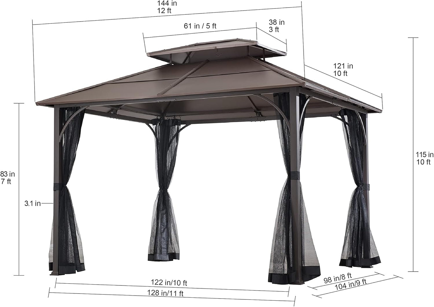 10x12 Brown Hardtop Gazebo With Steel Frame And Netting For Outdoor Patio Garden Canopy Shelter