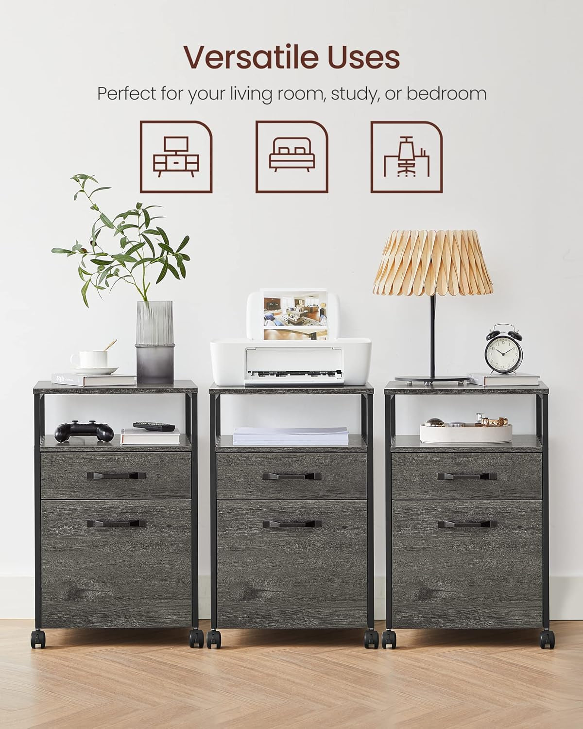 Mobile File Cabinet With Wheels 2 Drawers Open Shelf Charcoal Gray And Ink Black