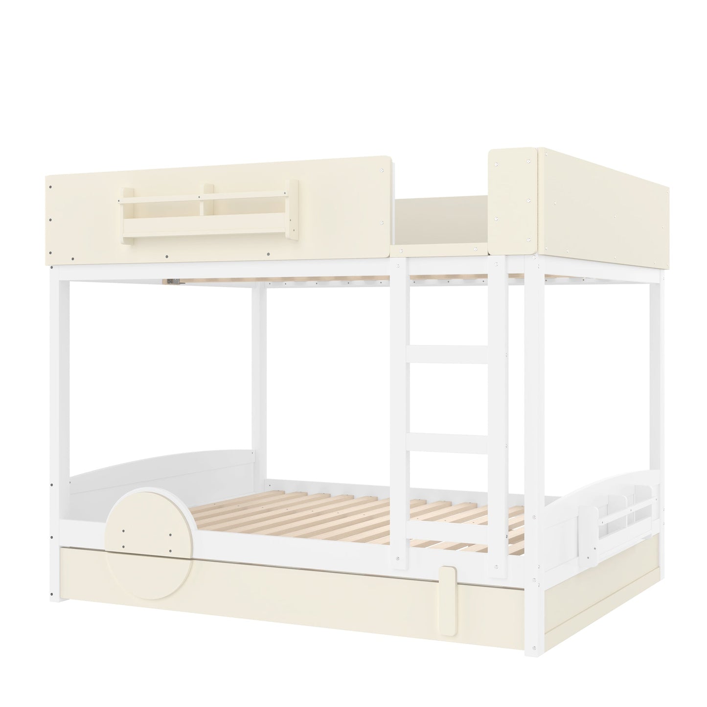 Queen Bunk Bed with Trundle , Wood Bunk Bed Frame with Built-in Bookshelf and High-quality Safety Guardrail,Automobile Form Design for Kids ,White＆ Beige.