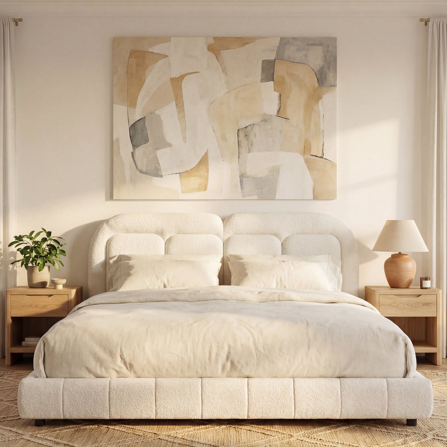 King Size Boucle Upholstered Platform Bed with Tufted Headboard