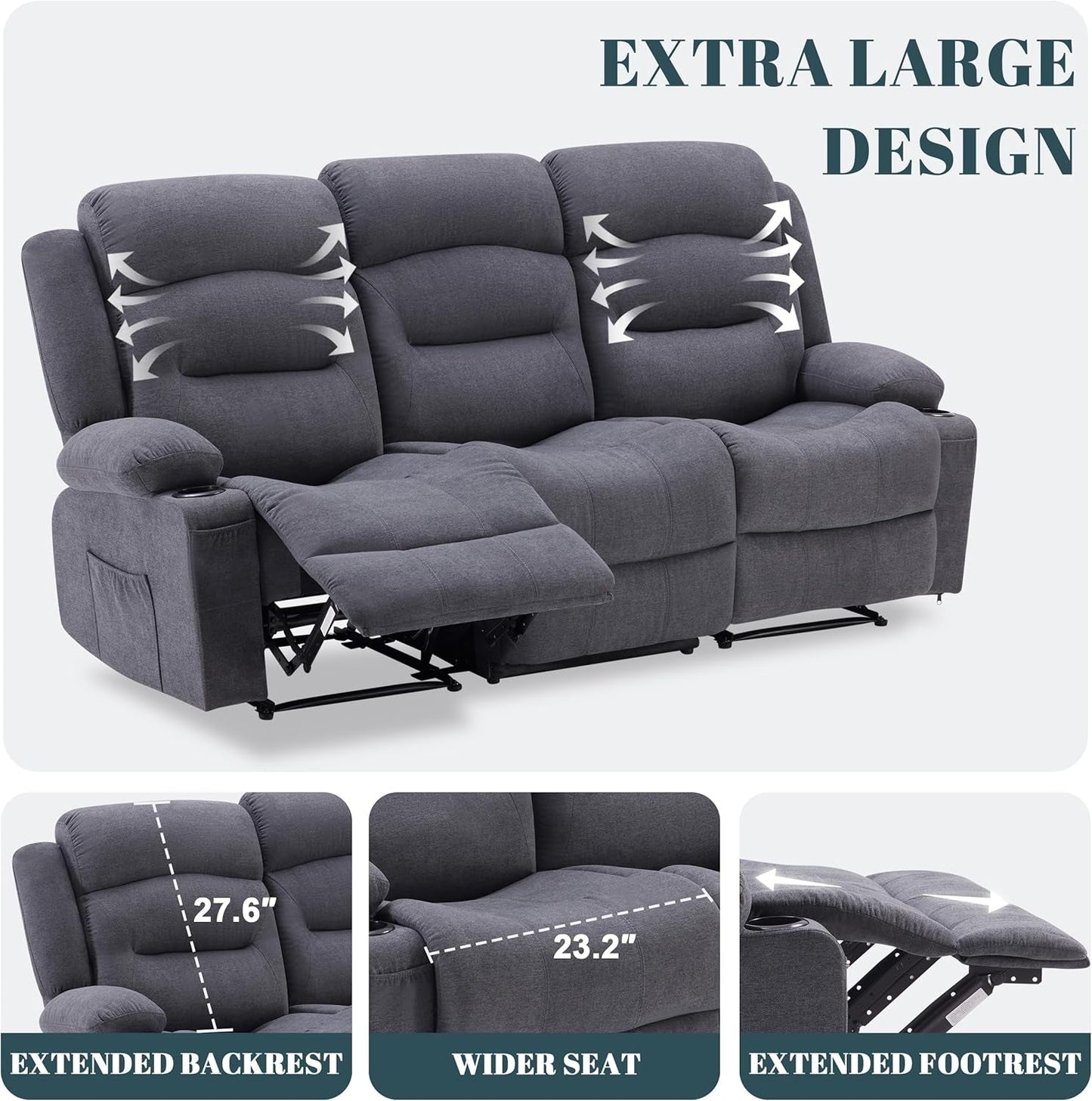 Oversized Charcoal Grey Recliner Sofa With USB Port And Heated Massage
