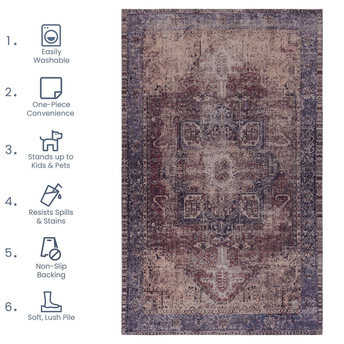MAVAL Burgundy Washable Runner Rug 2'6'' x 10'