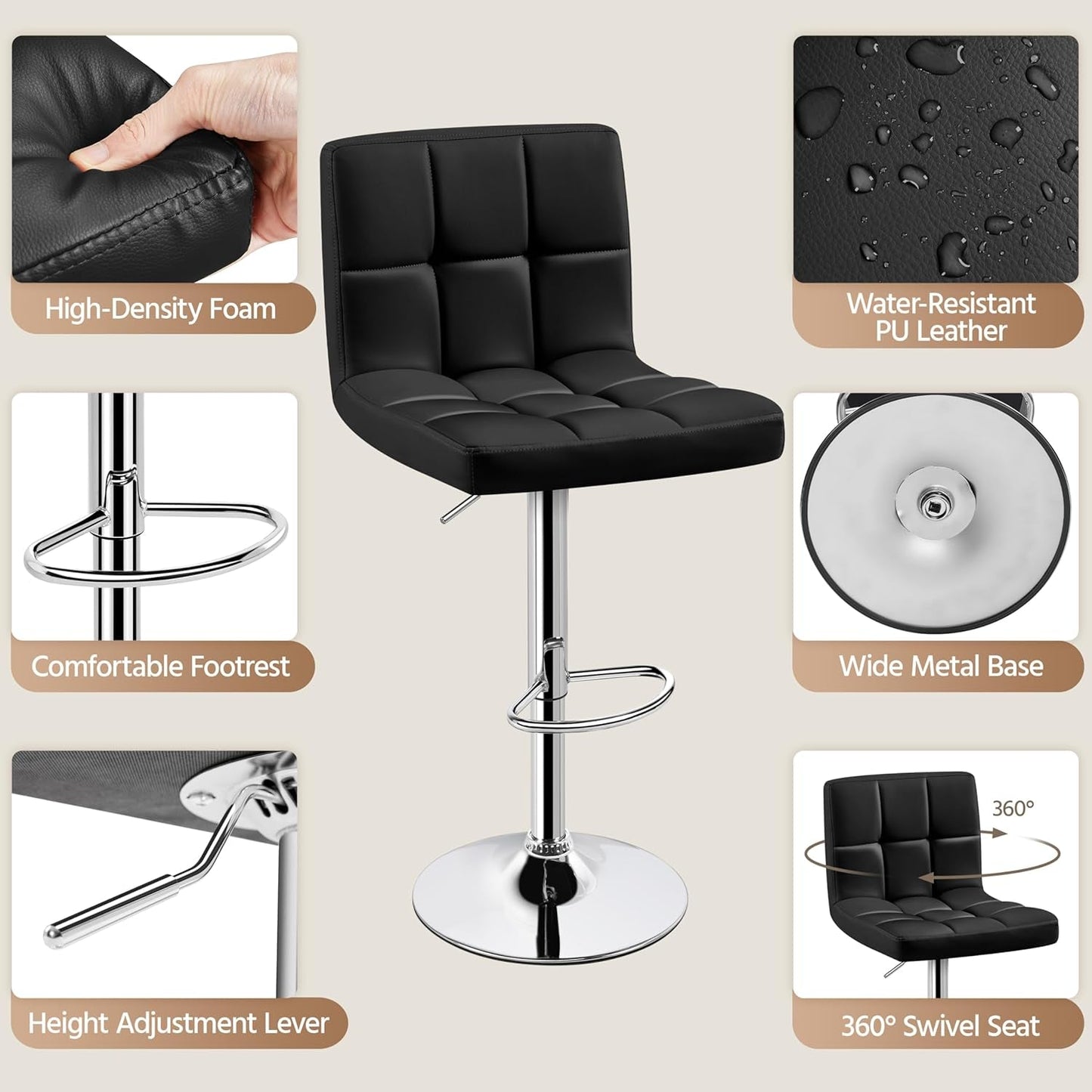 Set Of 2 Adjustable Black PU Leather Swivel Bar Stools