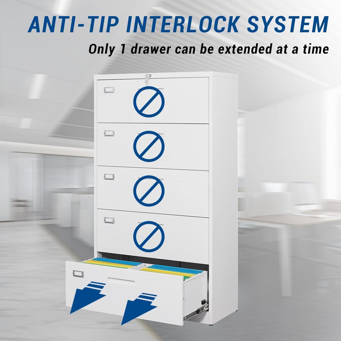 Lateral File Cabinet White 5 Drawer Lockable Office Storage