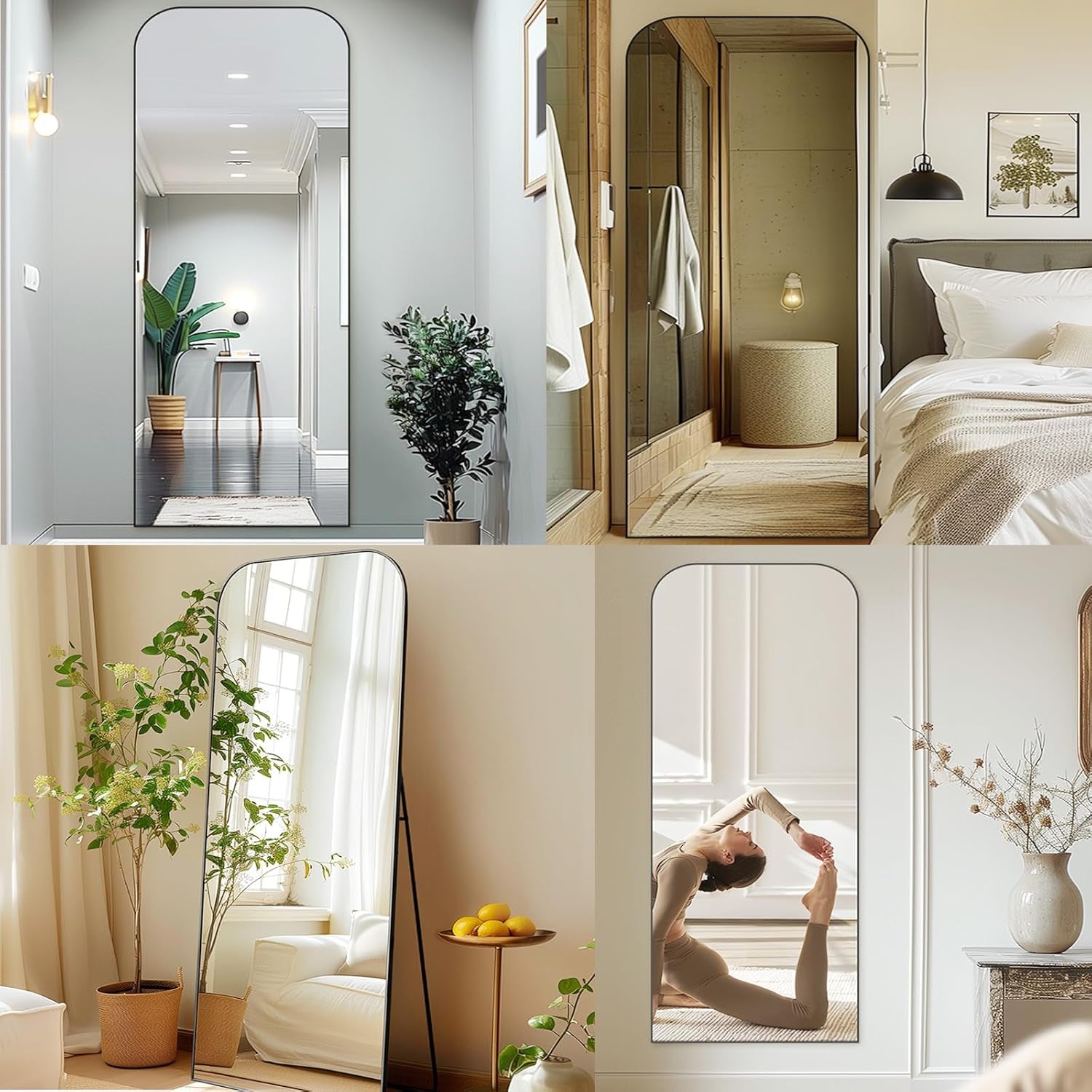 71 Inch Black Oversized Full Length Arch Floor Mirror in various interior settings showcasing style and functionality.