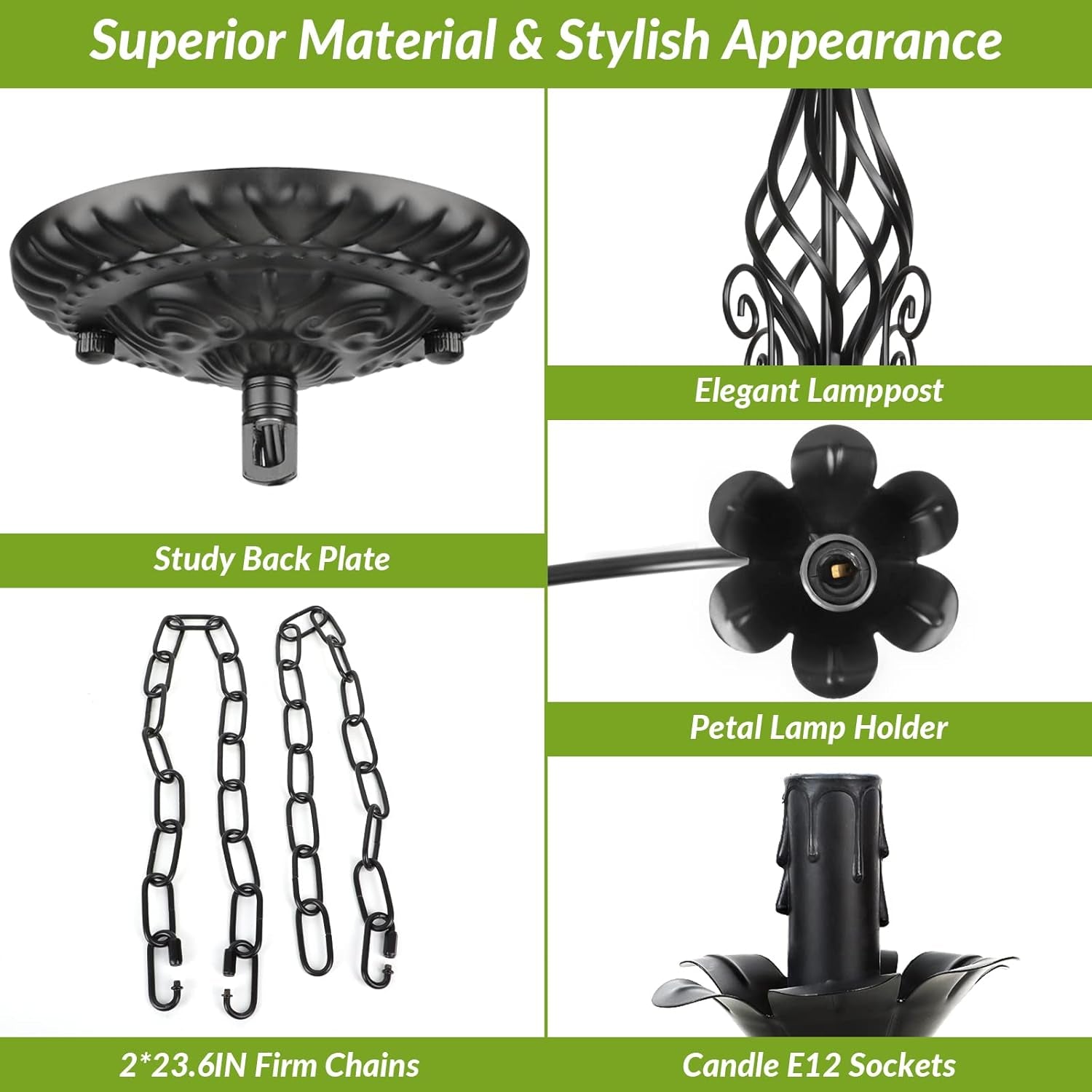 Six Light Matte Black Farmhouse Ceiling Chandelier Fixture with elegant lamppost, petal lamp holder, and sturdy back plate.