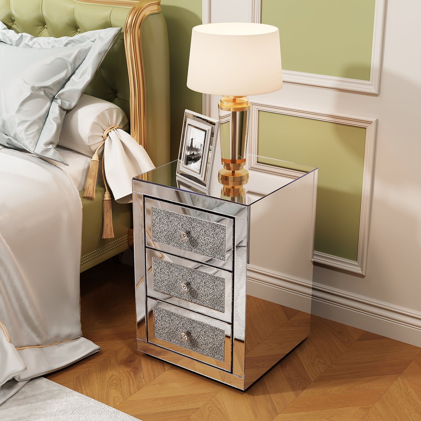 3-Drawer Mirrored Nightstand Bedside Table Glass Accent End Table