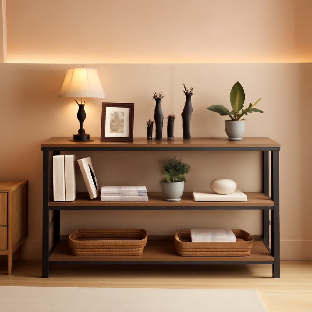 Rustic Wood Console Table With Three Shelves Metal Frame