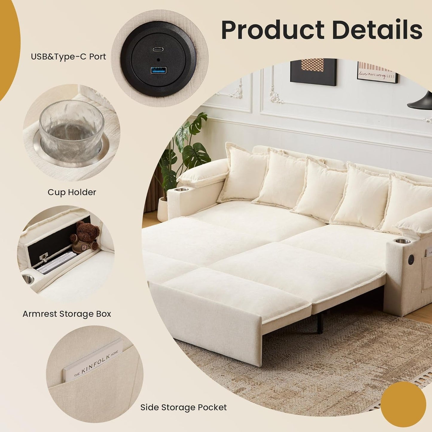 King Size Beige Ultra Luxurious Sleeper Sofa USB Ports Pro