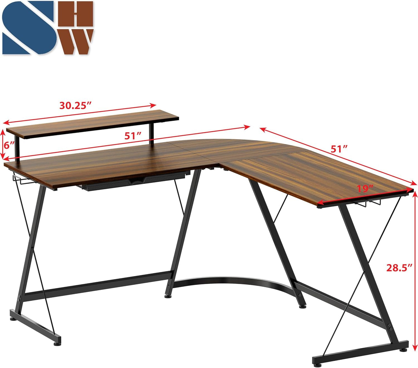 Vista L Shape Desk With Monitor Stand Walnut Finish