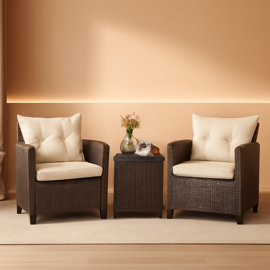 3 Piece Patio Furniture Set White PE Rattan Wicker Outdoor Sofa Set With Washable Cushions And Tempered Glass Tabletop