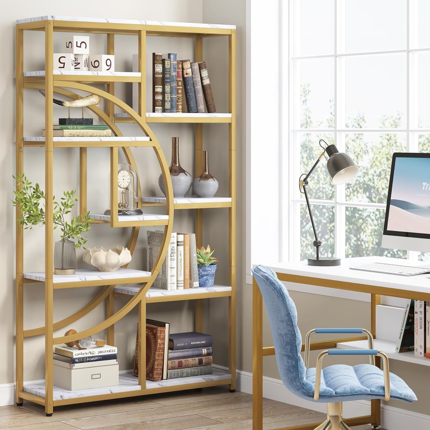 Industrial 5 Tier Etagere Bookcase Gold Frame Shelves
