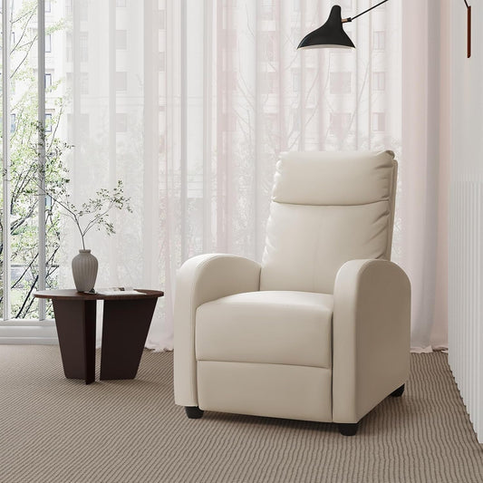 Beige PU Leather Recliner Chair With Lumbar Support And Adjustable Recline