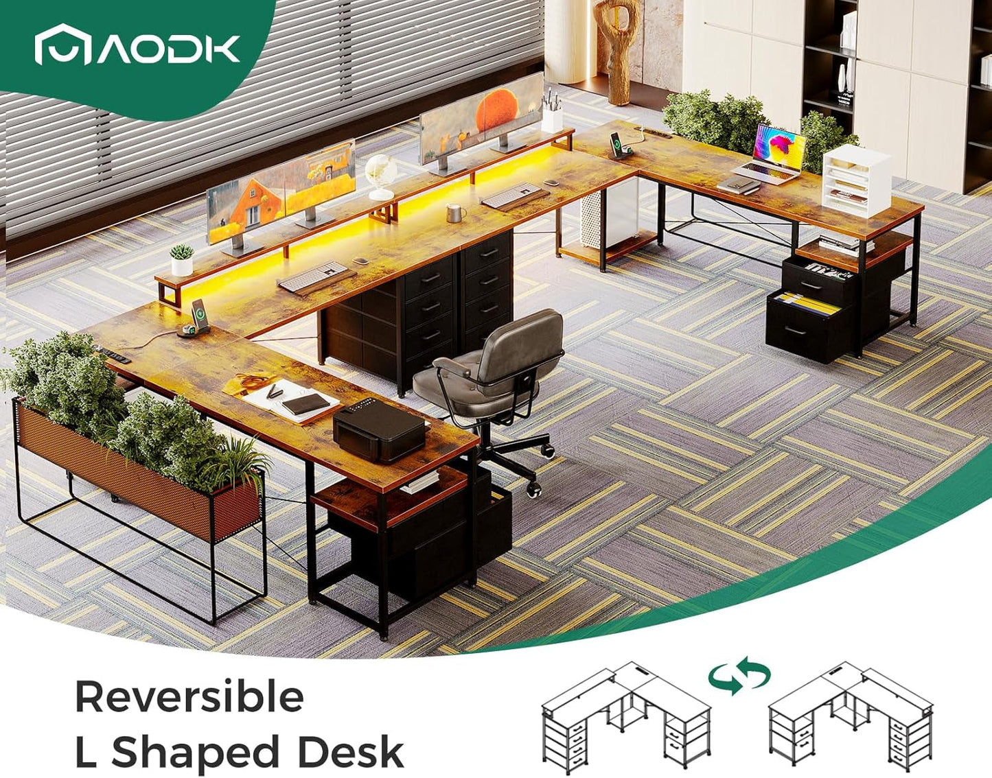 66 Inch L Shaped Desk With LED Lights And Power Outlet