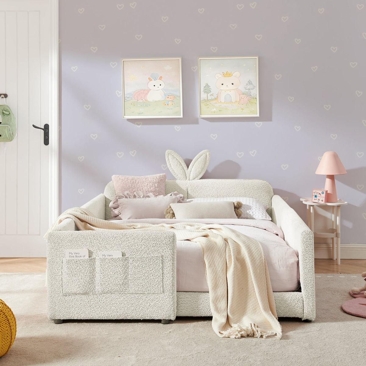 Full Size Upholstered Platform Bed with Cute Rabbit Ear Headboard