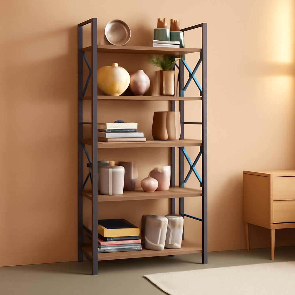 5 Tier Folding Bookshelf No Assembly Rustic Brown Storage