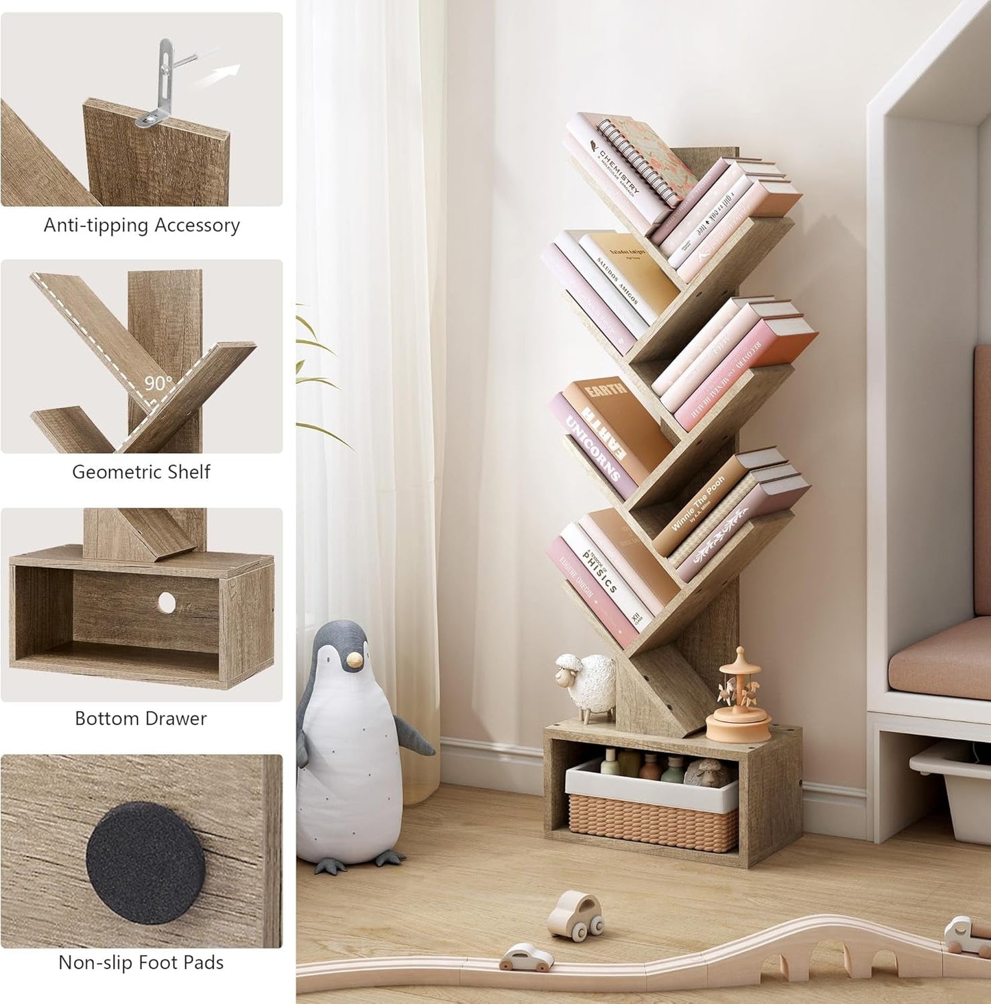 Tree Bookshelf 6 Tier Greige Freestanding Floor Display