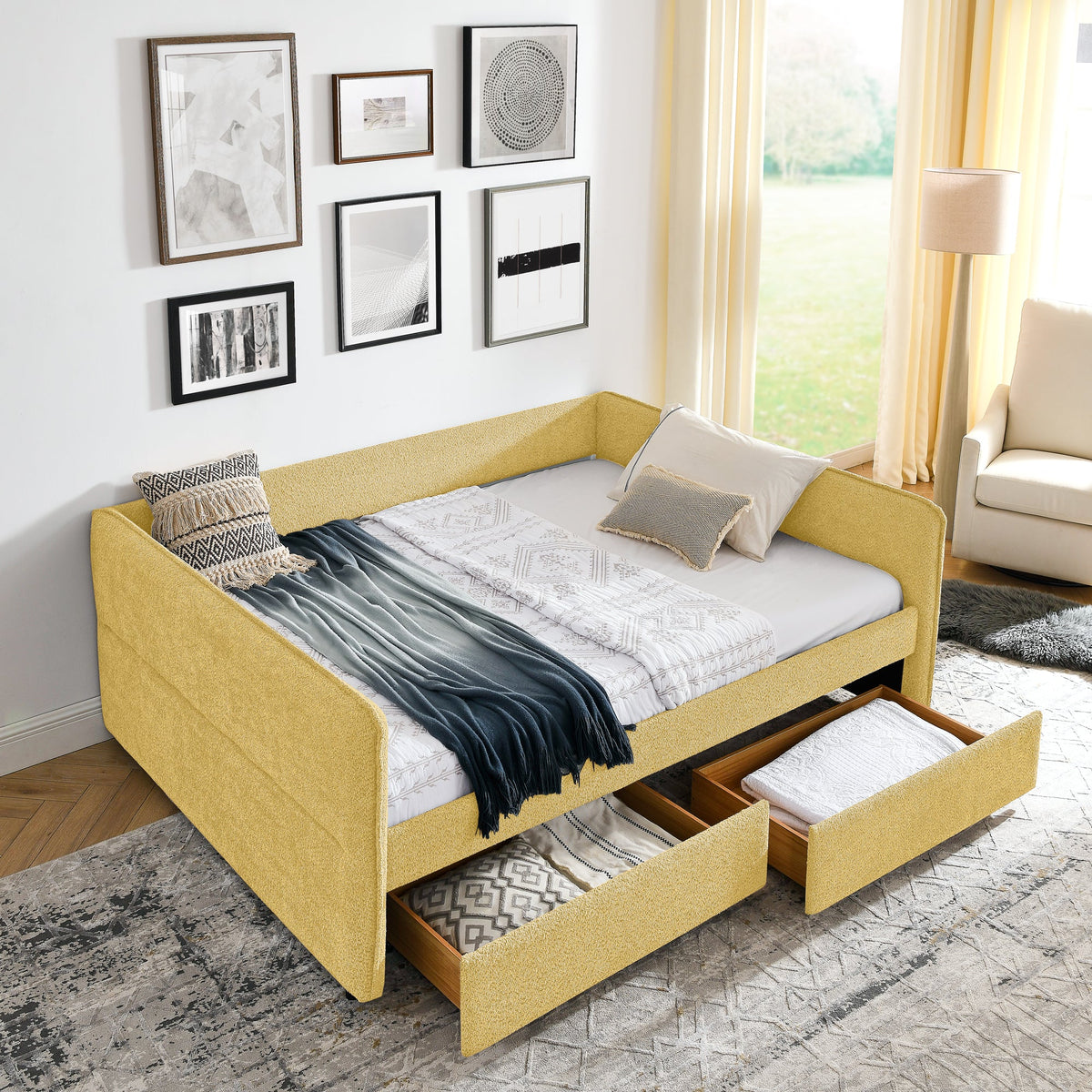 Queen Size Daybed with Two Drawers Upholstered Tufted Sofa Bed