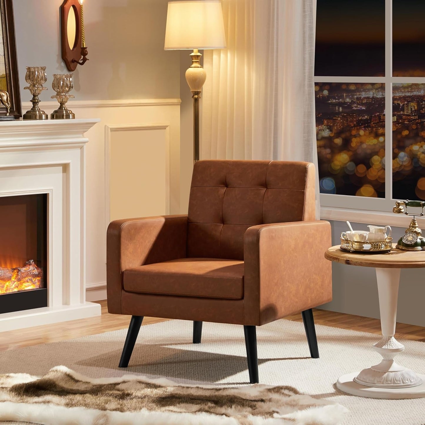 Brown PU Leather Midcentury Upholstered Ergonomic Armchair