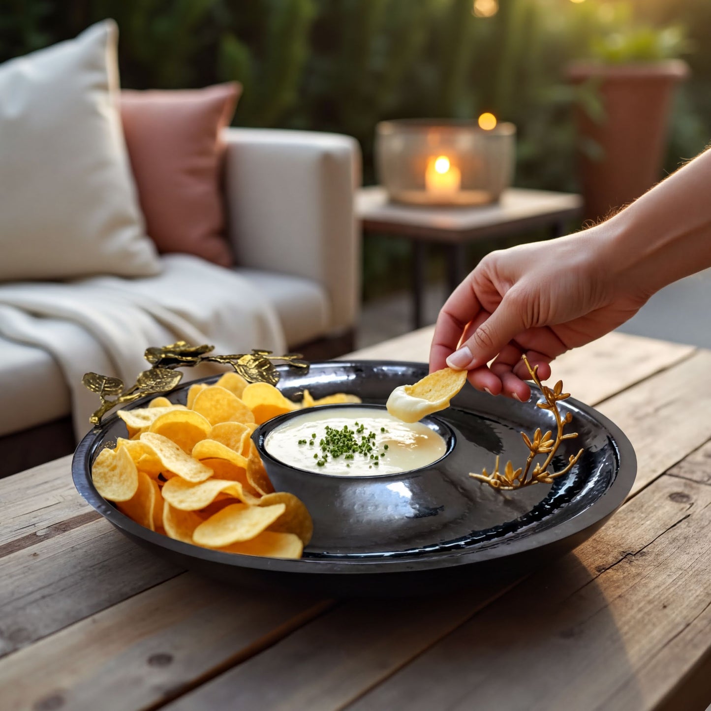 Chip And Dip Platter - Large Stainless Steel Snack Serving Tray With Orchid Accent