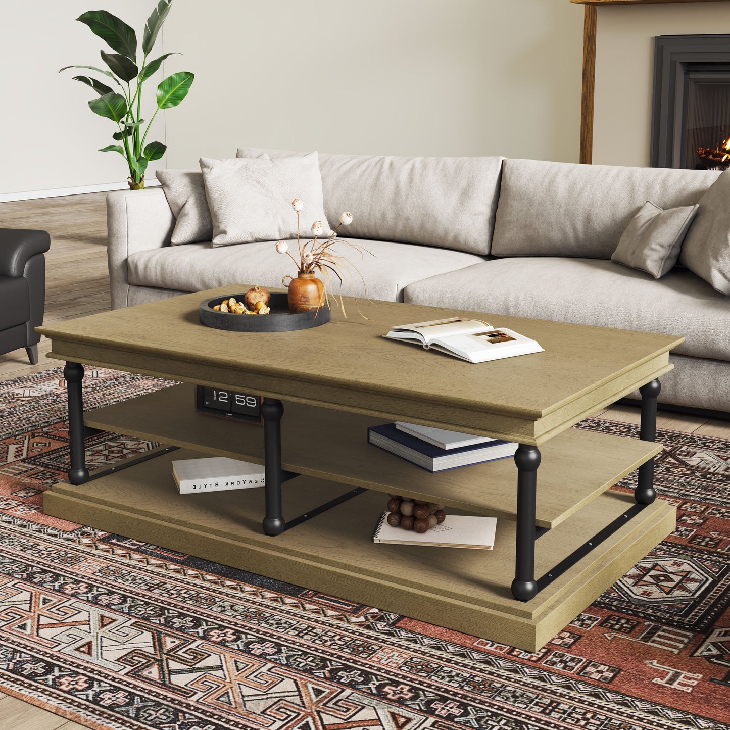 55.1" Wood Coffee Table with Open Shelves