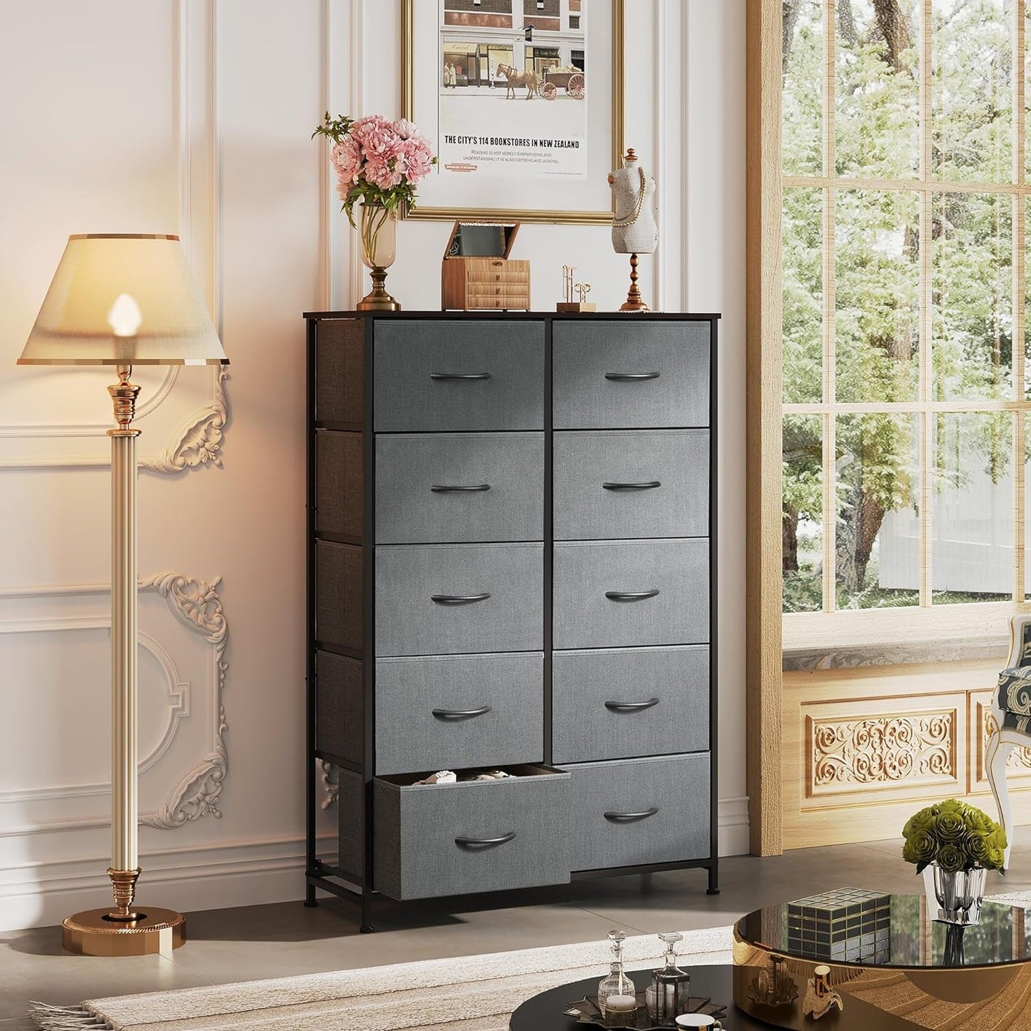 Tall Fabric Dresser With 10 Drawers Dark Grey Metal Frame