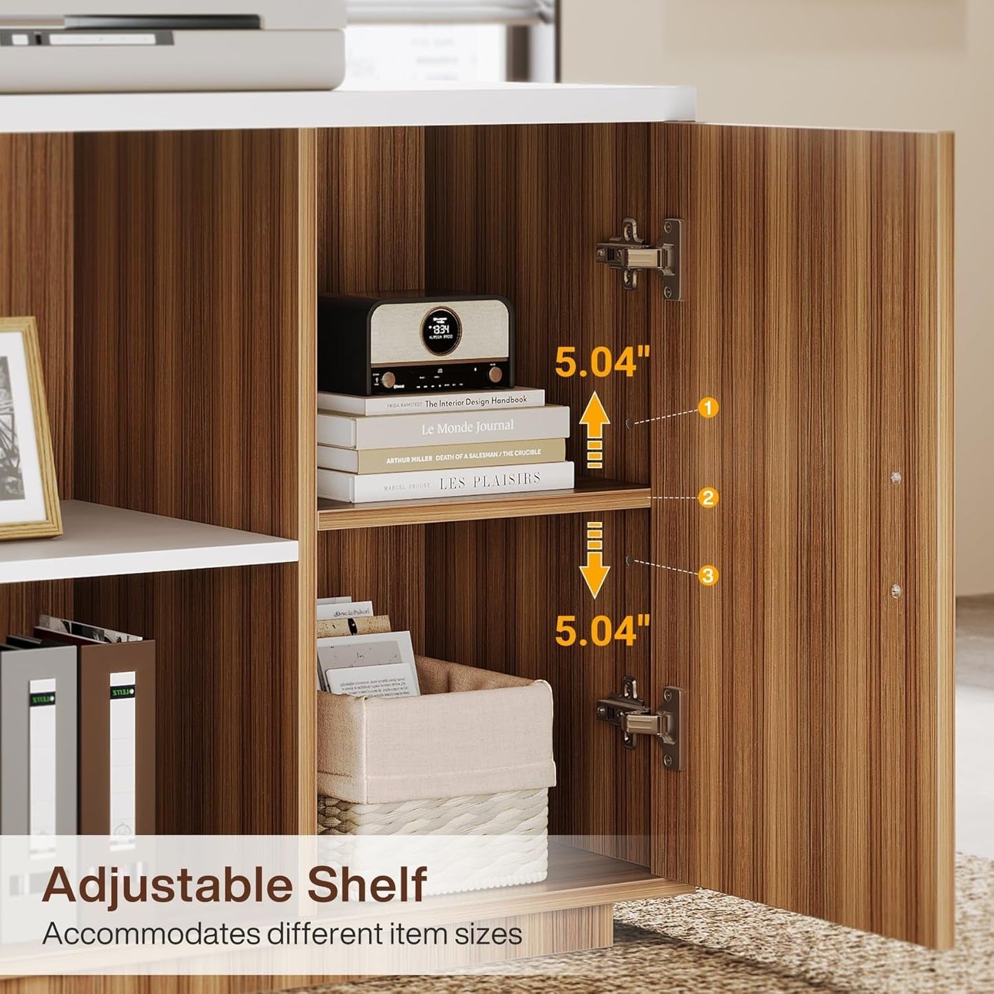 85 Point 8 Inch L-Shaped Executive Desk White Walnut Storage Cabinet