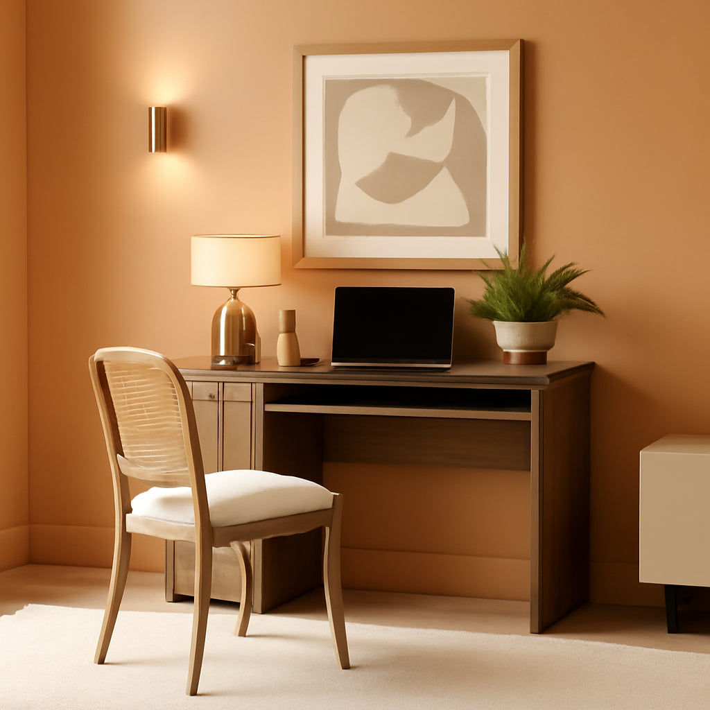 Adjustable Rattan Desk With Hidden Storage And Shelves