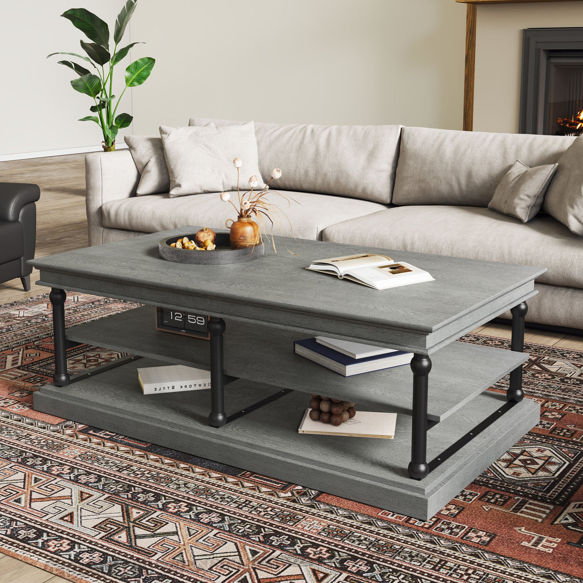 55.1" Wood Coffee Table with Open Shelves