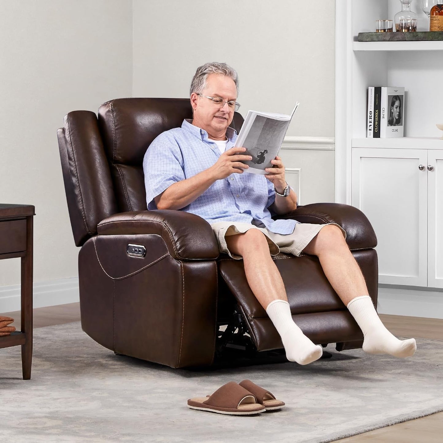 Dark Brown Leather Power Recliner Chair With Power Headrest