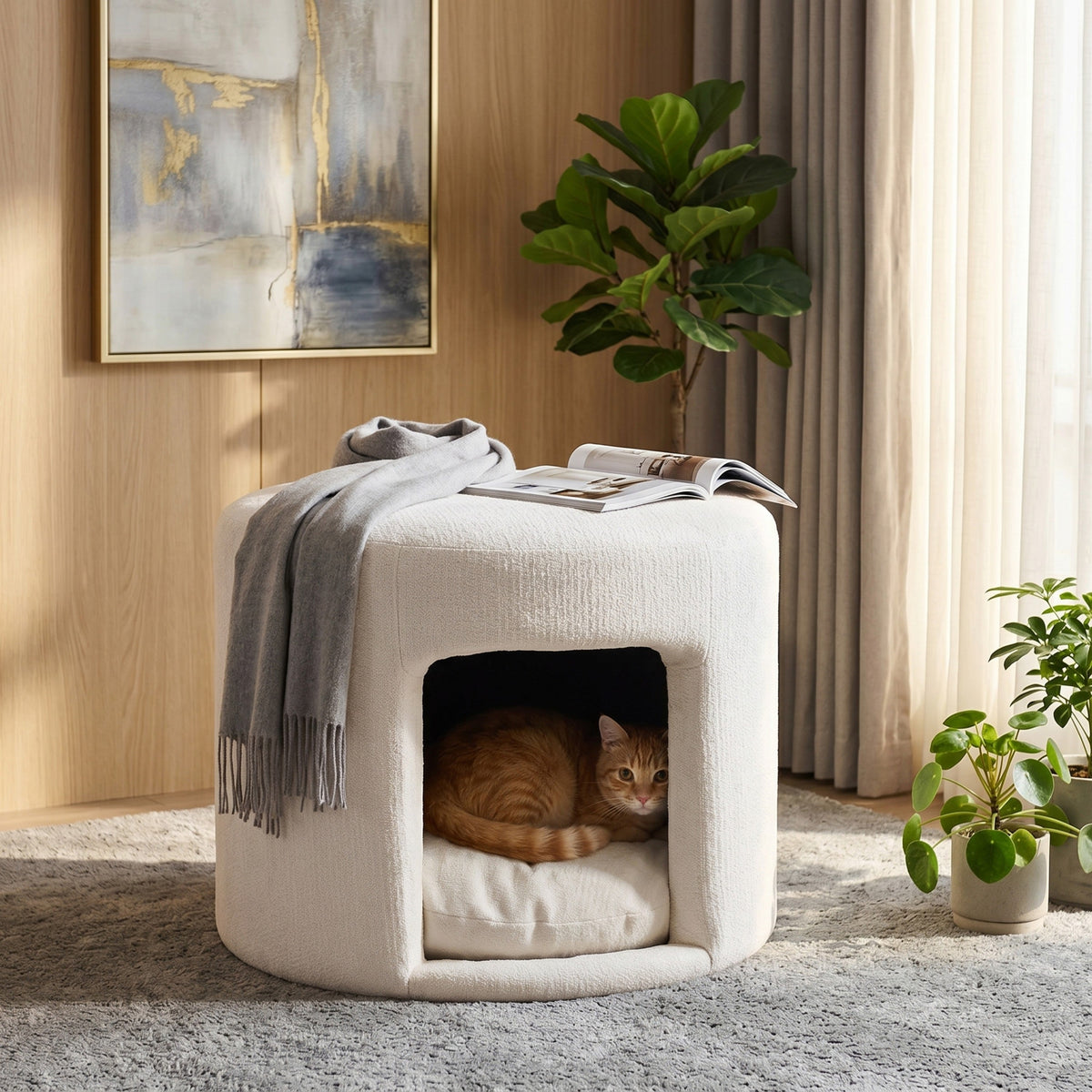 Beige Pet Friendly Ottoman with Removable Pet Cushion and Hidden Pet Nook