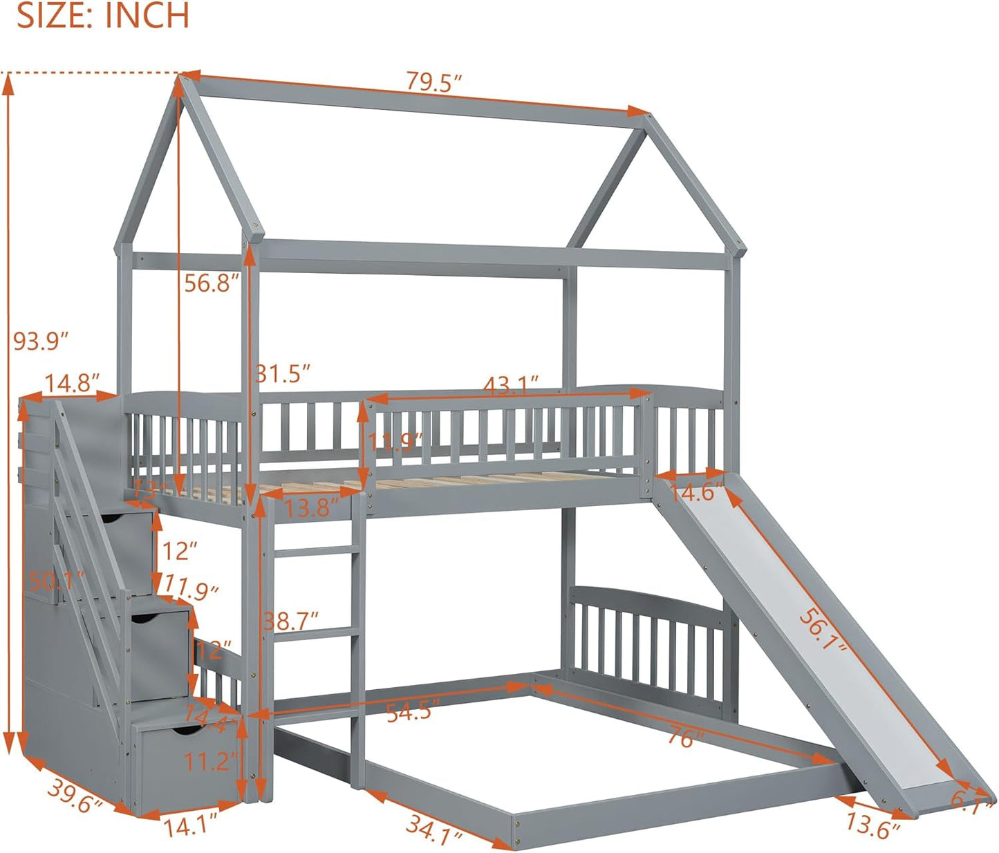 Gray Twin Loft Bunk Bed With Slide And Stairs Storage