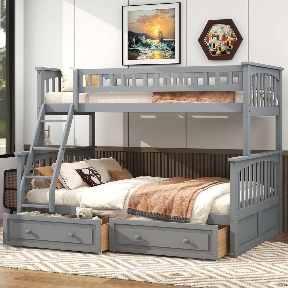 Twin Over Full Bunk Bed with Drawers, Convertible Beds