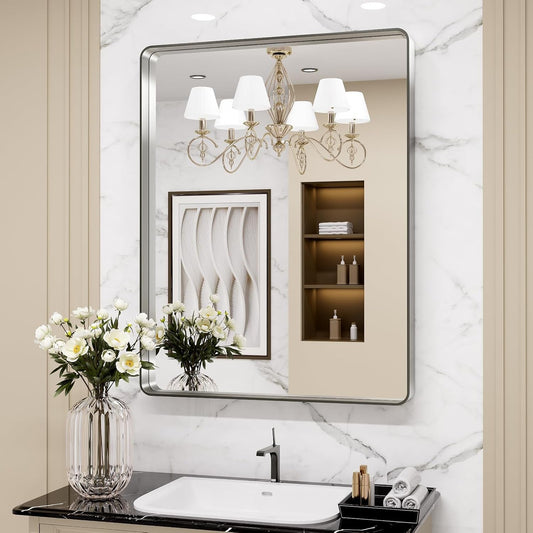 24 By 30 Inch Brushed Nickel Wall Mounted Bathroom Mirror Hangs Horizontally Or Vertically